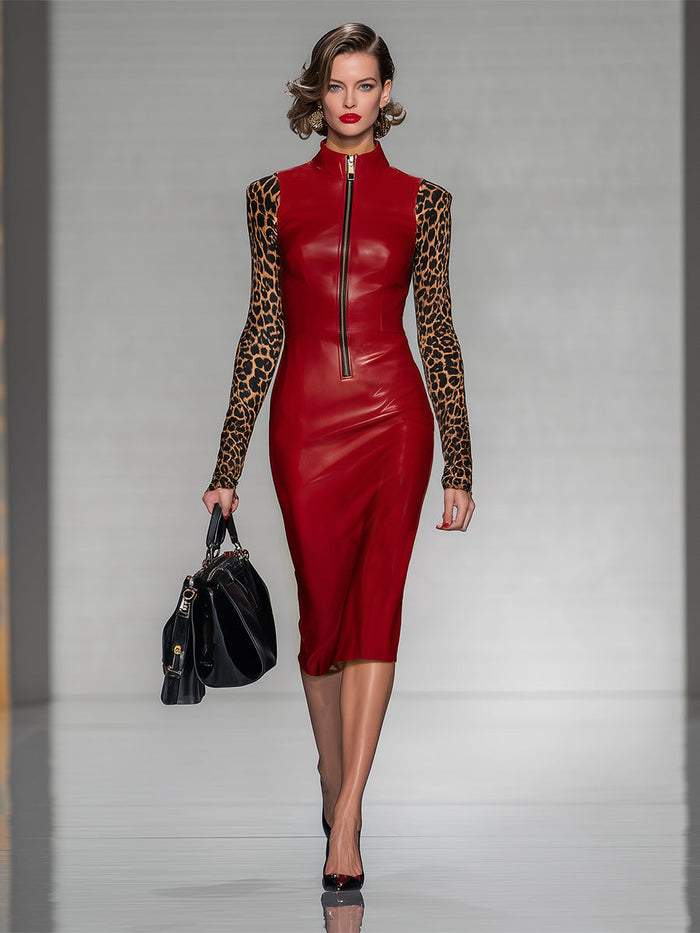 Red Pu Stitching Leopard Print Zipper Midi Dress  - By Qivii