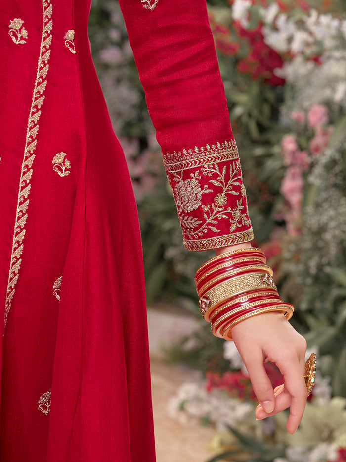 Red Vichitra Silk Kurta Suit Set with Embroidered Work Paired with Vichitra Silk Dupatta with Embroidered Work