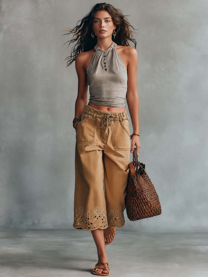 Retro Bohemian Cropped Camel Denim Pants  - By Qivii