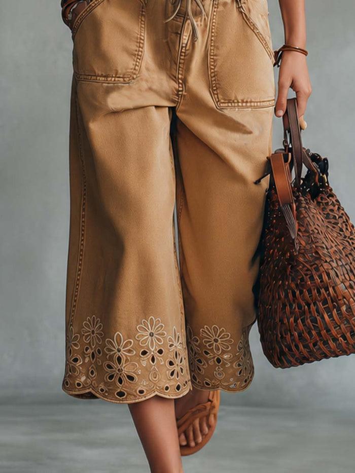 Retro Bohemian Cropped Camel Denim Pants  - By Qivii