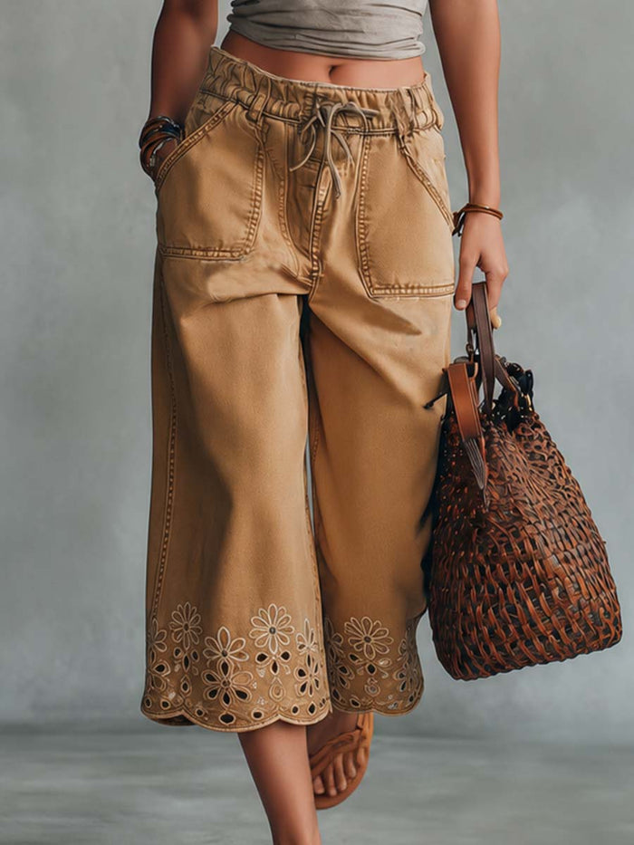 Retro Bohemian Cropped Camel Denim Pants  - By Qivii