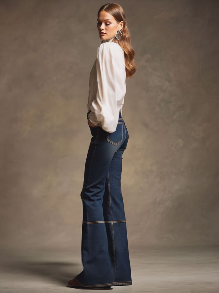 Retro Brown Double-stitched Navy Jeans  - By Qivii