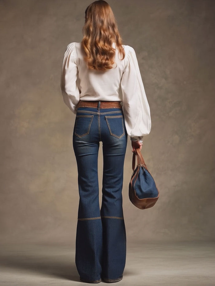 Retro Brown Double-stitched Navy Jeans  - By Qivii