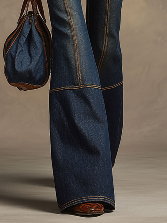 Retro Brown Double-stitched Navy Jeans  - By Qivii