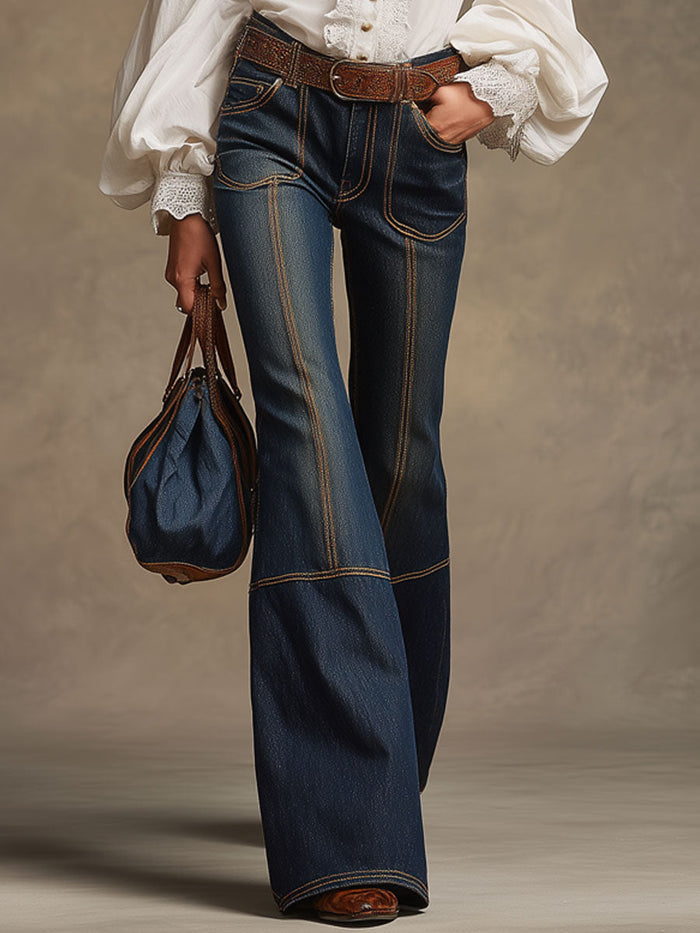 Retro Brown Double-stitched Navy Jeans  - By Qivii