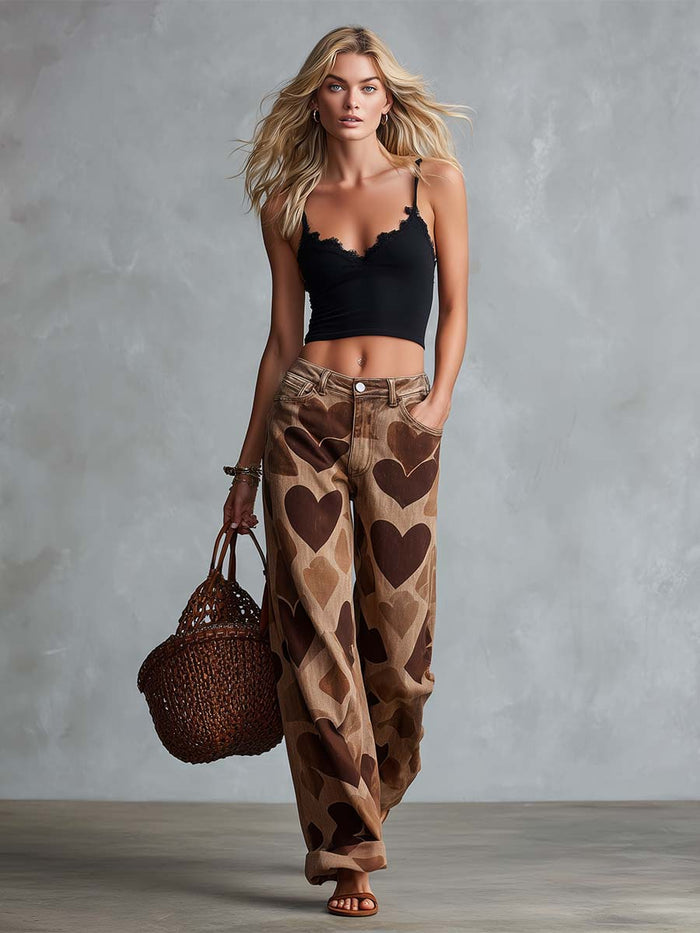 Retro Casual Heart Pattern Versatile Light Brown Denim Pants  - By Qivii