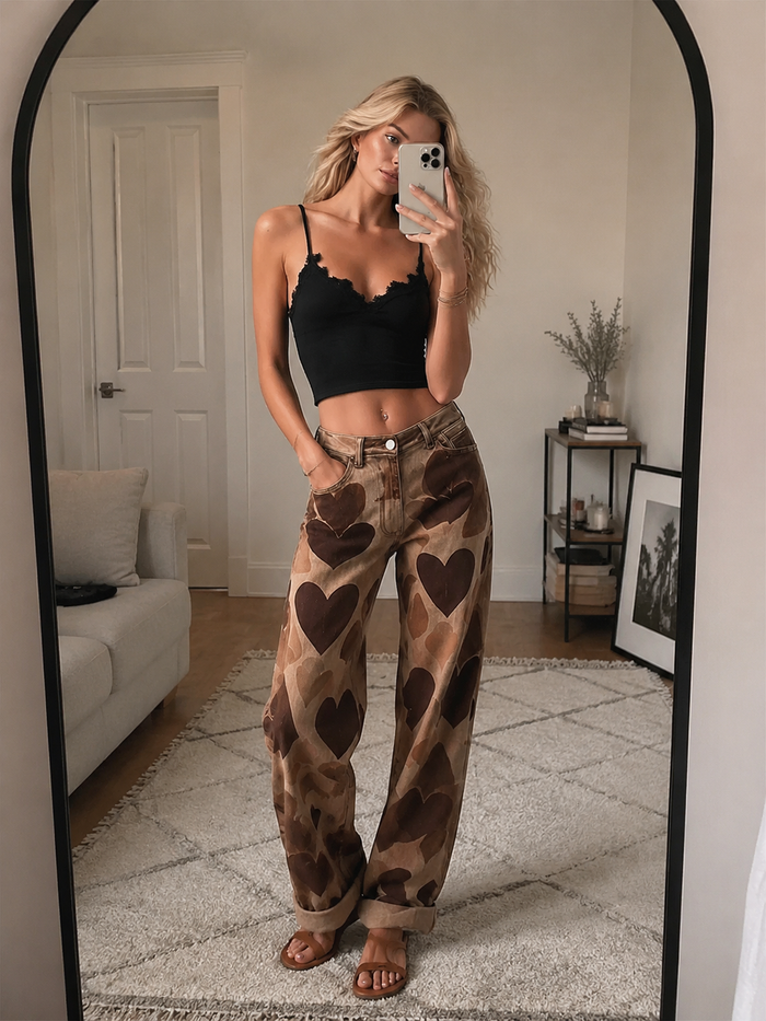 Retro Casual Heart Pattern Versatile Light Brown Denim Pants  - By Qivii