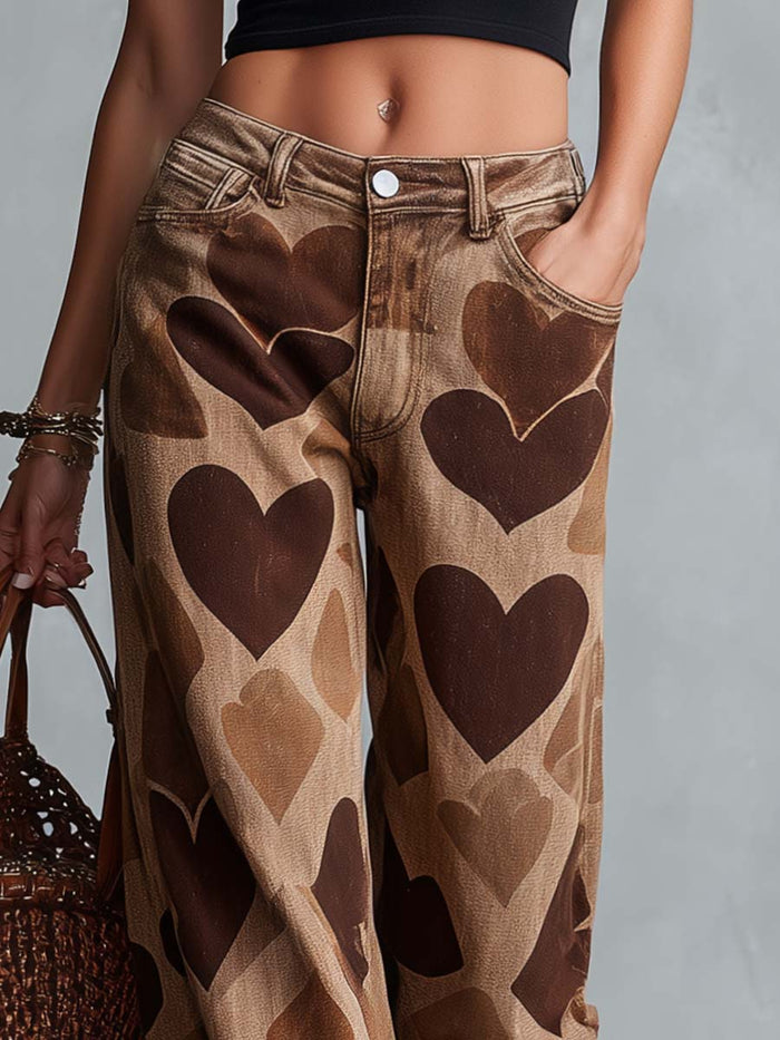 Retro Casual Heart Pattern Versatile Light Brown Denim Pants  - By Qivii