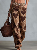 Retro Casual Heart Pattern Versatile Light Brown Denim Pants  - By Qivii