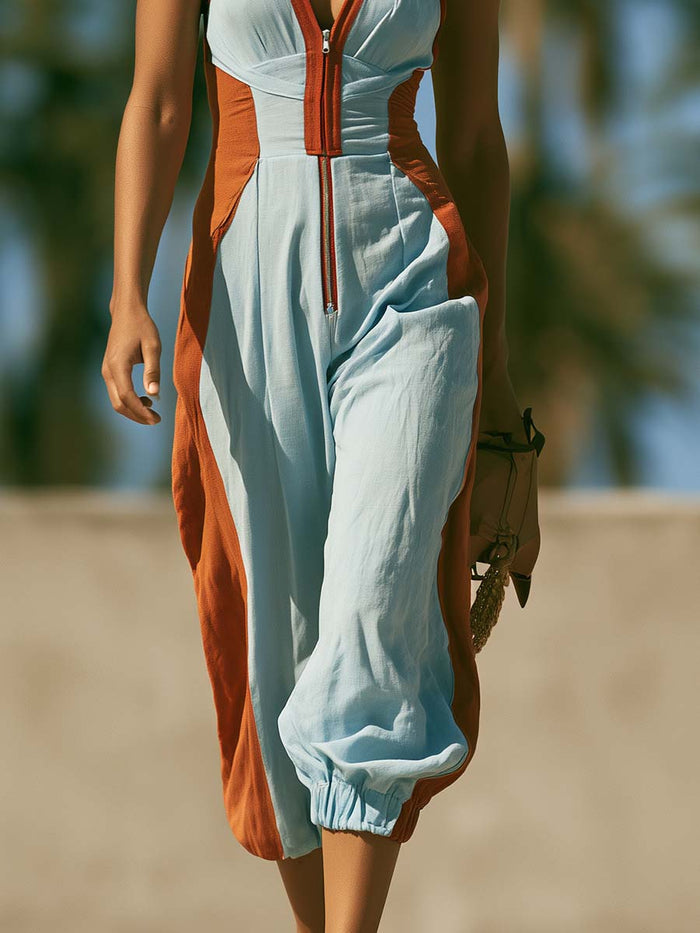 Retro Casual Red Trim V-Neck Front Zipper Light Blue Cotton-Linen Jumpsuit  - By Qivii