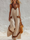 Retro-casual Vacation Style With Color-blocked Trim Beige Cotton-linen Square-neck Jumpsuit  - By Qivii