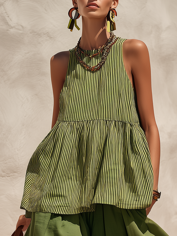 Retro-chic Striped Top And Color-blocked Wide-leg Pants  - By Qivii