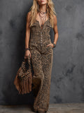 Retro-chic Western-style Light Brown Leopard-print Denim Jumpsuit  - By Qivii