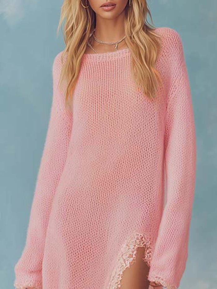 Retro Comfortable Lazy Round Neck Slit Detail Lace Trim Light Pink Lightweight Knitted Maxi Dress  - By Qivii