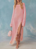 Retro Comfortable Lazy Round Neck Slit Detail Lace Trim Light Pink Lightweight Knitted Maxi Dress  - By Qivii