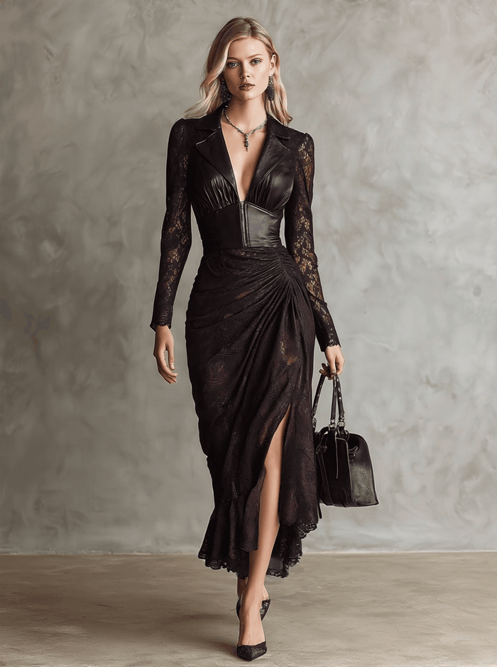 Retro High-end Brown-red Imitation Leather Stitching Lace Long-sleeved Maxi Dress  - By Qivii