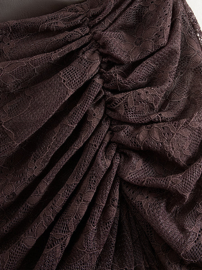 Retro High-end Brown-red Imitation Leather Stitching Lace Long-sleeved Maxi Dress  - By Qivii