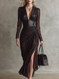 Retro High-end Brown-red Imitation Leather Stitching Lace Long-sleeved Maxi Dress  - By Qivii