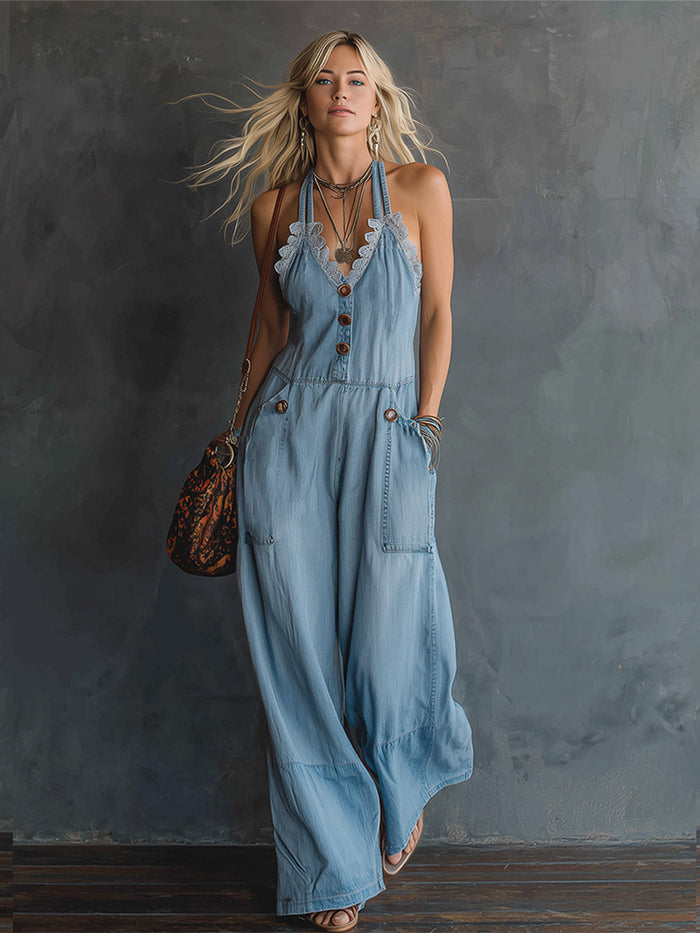 Retro-style Lace-trimmed Light Blue Denim Sleeveless Jumpsuit  - By Qivii