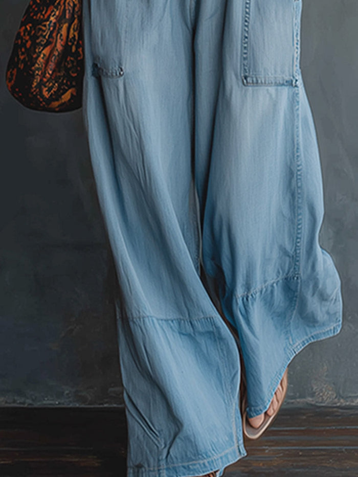 Retro-style Lace-trimmed Light Blue Denim Sleeveless Jumpsuit  - By Qivii