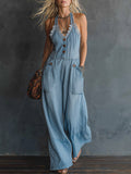 Retro-style Lace-trimmed Light Blue Denim Sleeveless Jumpsuit  - By Qivii