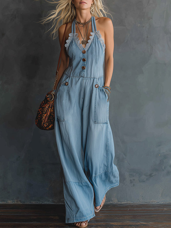Retro-style Lace-trimmed Light Blue Denim Sleeveless Jumpsuit  - By Qivii