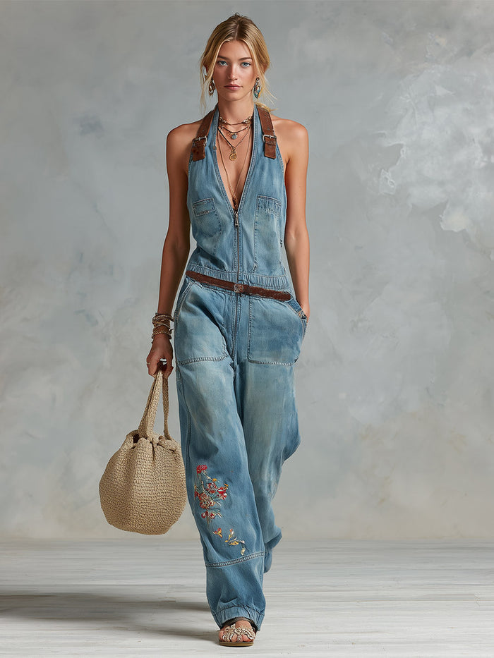 Retro-style PU Shoulder Straps Blue Embroidered Denim Jumpsuit  - By Qivii
