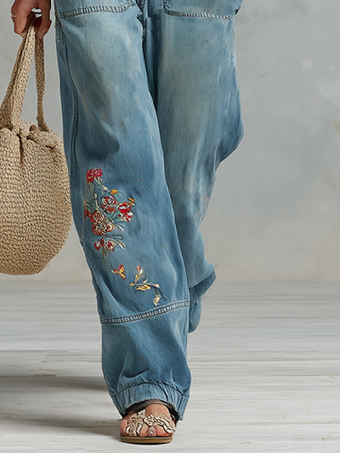 Retro-style PU Shoulder Straps Blue Embroidered Denim Jumpsuit  - By Qivii