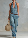 Retro-style PU Shoulder Straps Blue Embroidered Denim Jumpsuit  - By Qivii