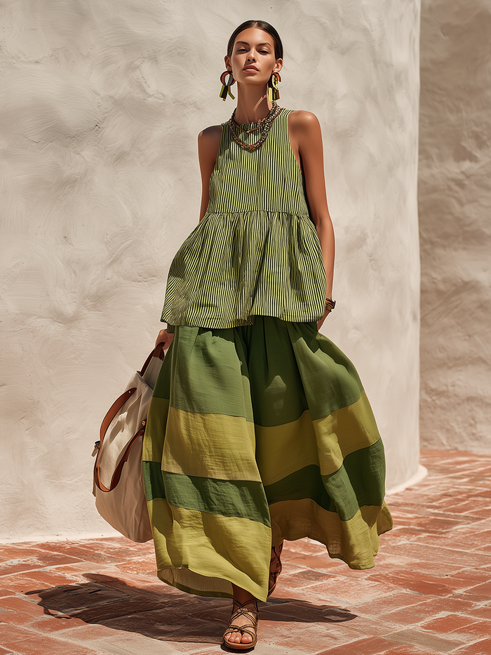Retro-style Vacation Color-blocked Cotton And Linen Wide-leg Pants  - By Qivii