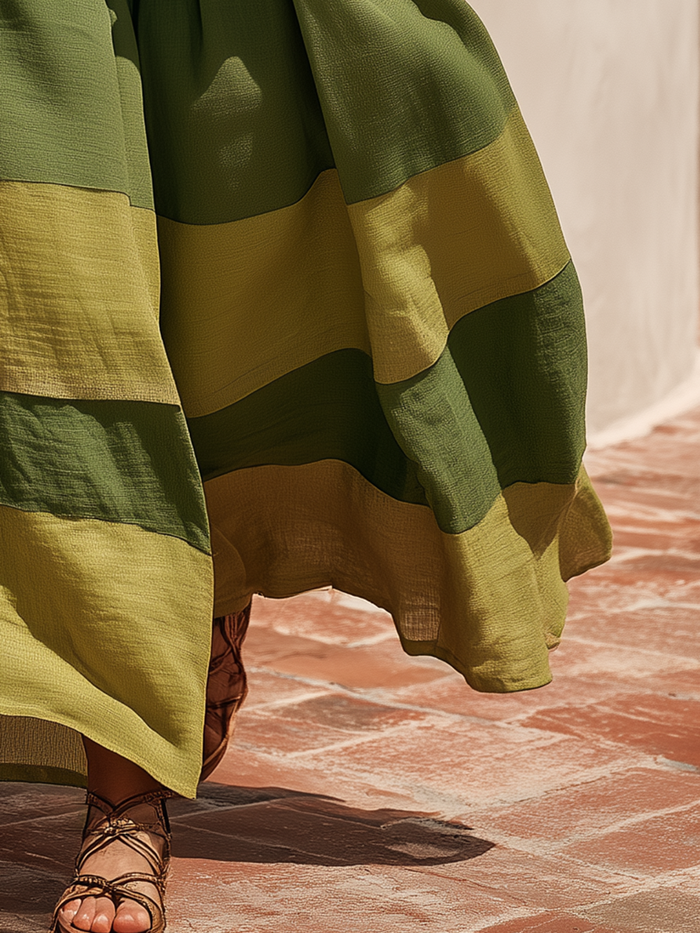 Retro-style Vacation Color-blocked Cotton And Linen Wide-leg Pants  - By Qivii