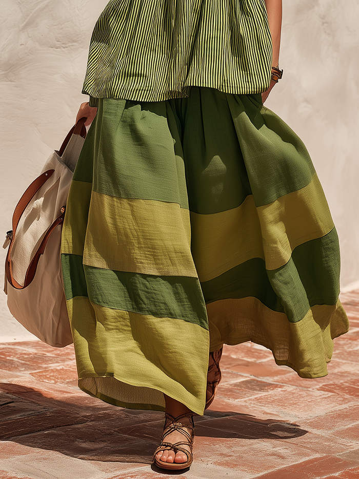 Retro-style Vacation Color-blocked Cotton And Linen Wide-leg Pants  - By Qivii