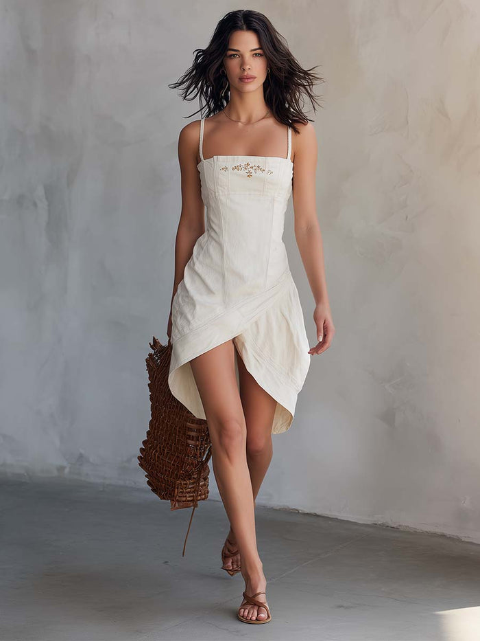 Retro Vacation Embroidered Square-neck Asymmetrical Hem Cream Denim Mini Dress  - By Qivii