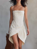 Retro Vacation Embroidered Square-neck Asymmetrical Hem Cream Denim Mini Dress  - By Qivii