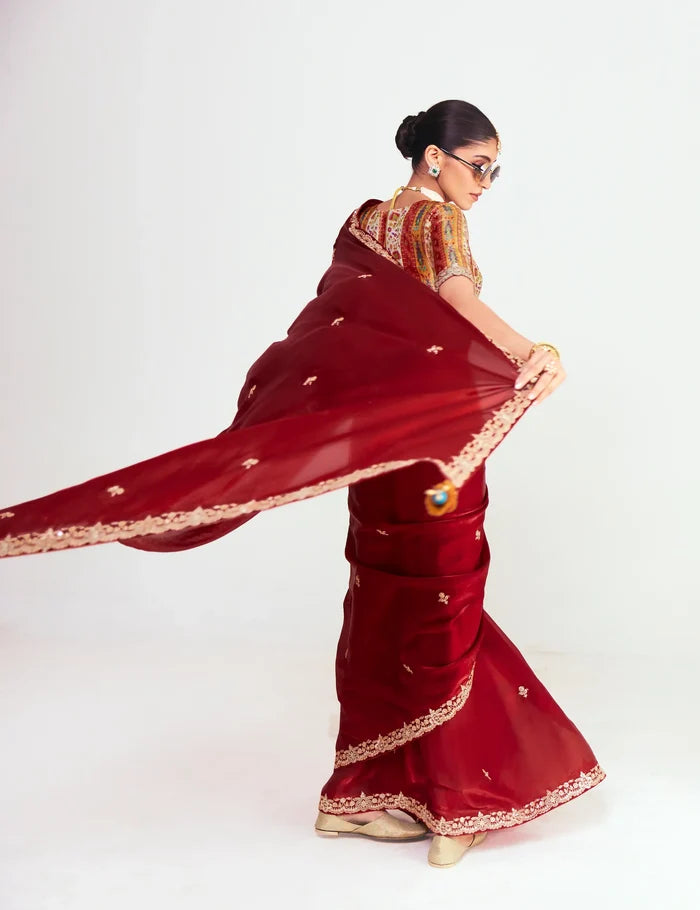 Rich Maroon Embroidered Party Wear Saree