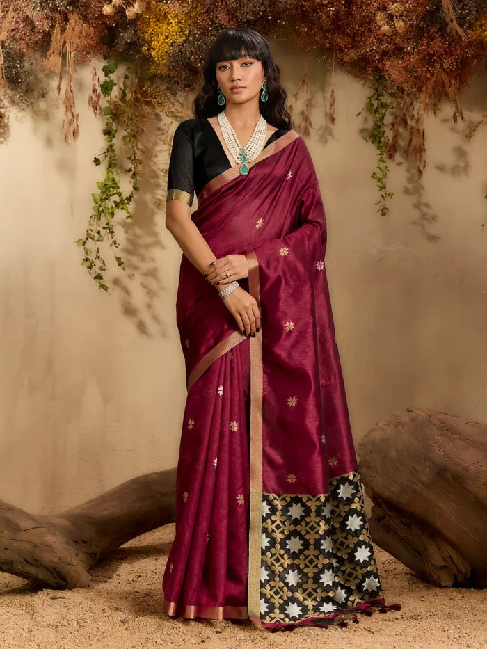 Rich Maroon Tussar Silk Zari Weaving Saree
