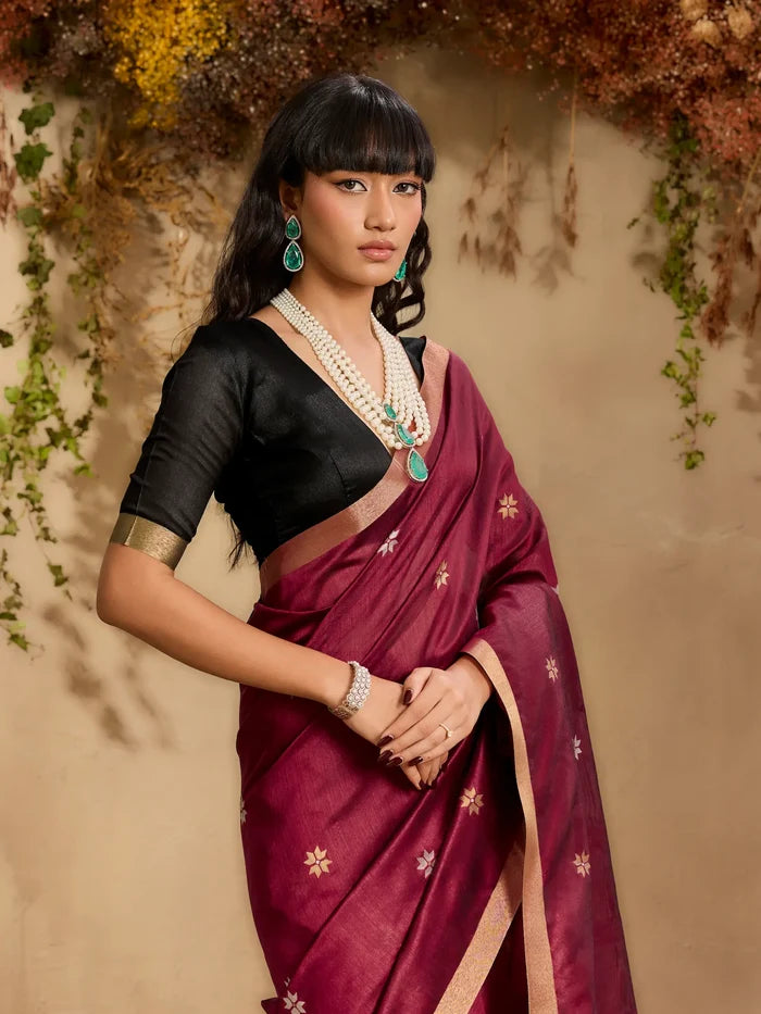 Rich Maroon Tussar Silk Zari Weaving Saree