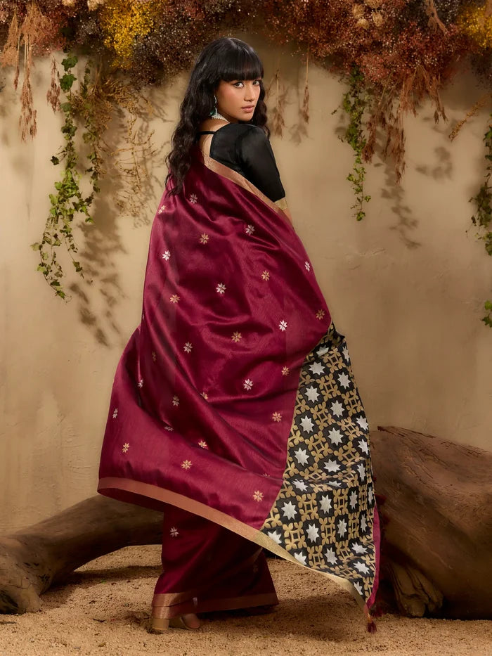 Rich Maroon Tussar Silk Zari Weaving Saree
