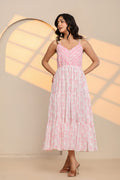 Rose Pink and White Printed Cotton Maxi Dress