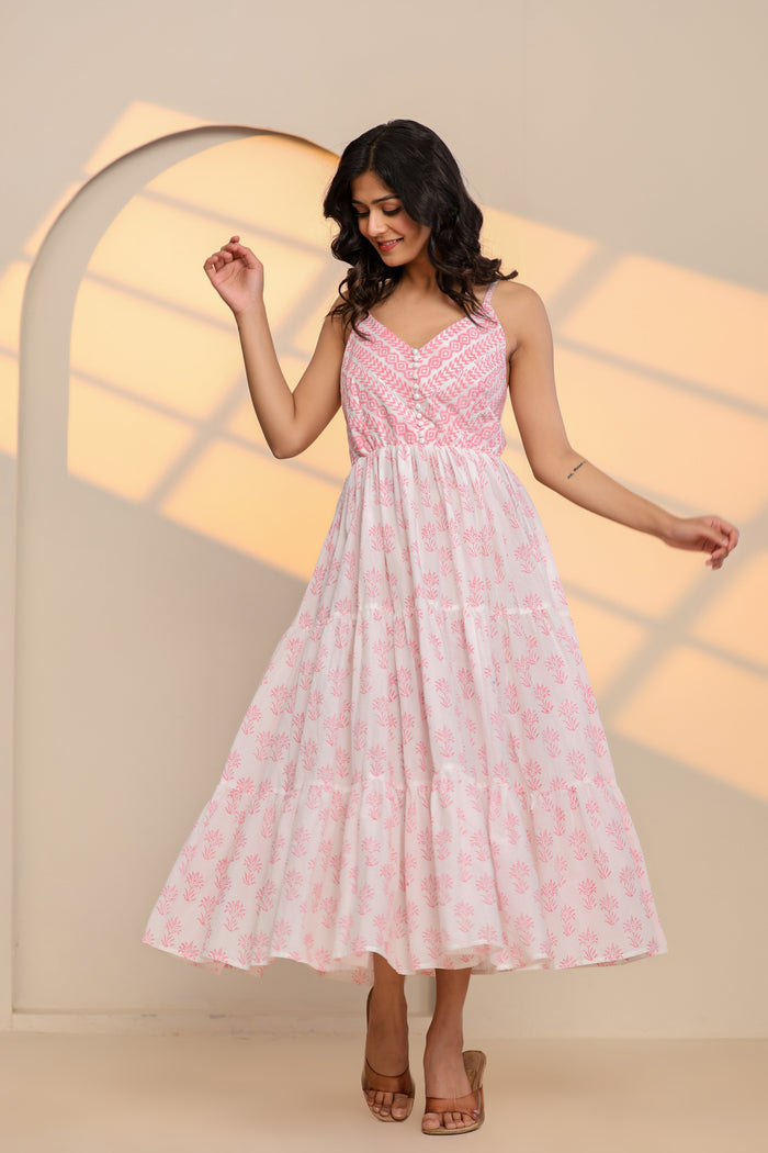 Rose Pink and White Printed Cotton Maxi Dress