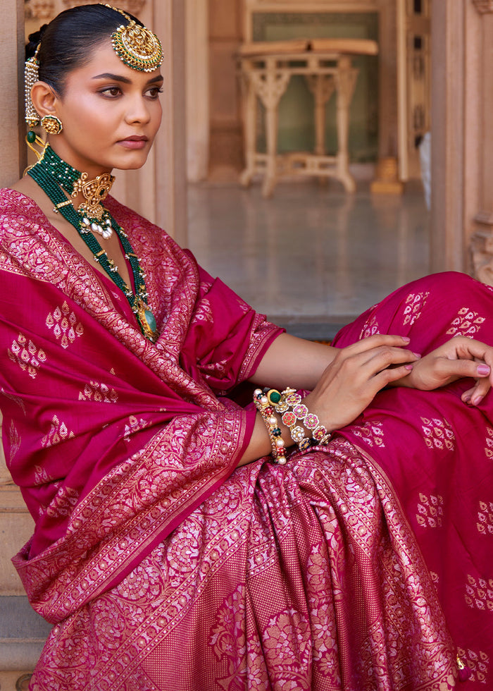 Rose Pink Zari Woven Soft Banarasi Silk Saree - qivii
