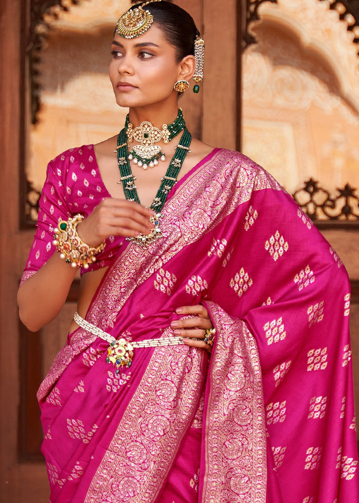 Rose Pink Zari Woven Soft Banarasi Silk Saree - qivii