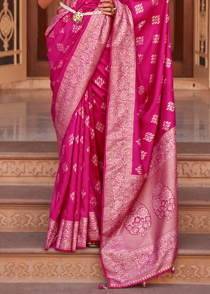 Rose Pink Zari Woven Soft Banarasi Silk Saree - qivii