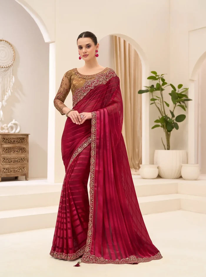 Rose Red Georgette Party wear Saree