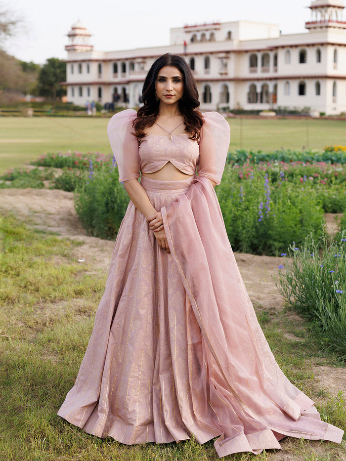 Rose Shadow Pink Handblock Printed Lehenga Set