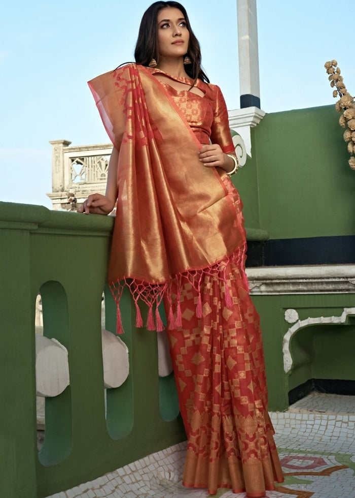 Rouge Pink Zari Woven Organza Silk Saree - qivii