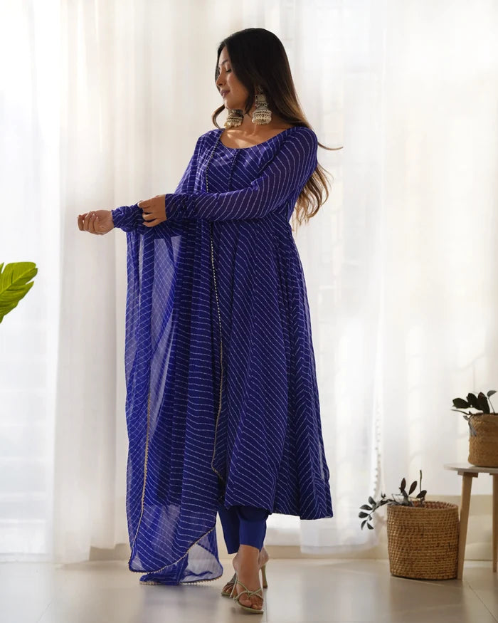 Royal Blue Laheriya Print Georgette Anarkali Gown With Dupatta