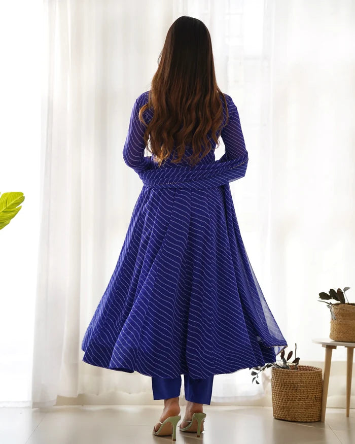 Royal Blue Laheriya Print Georgette Anarkali Gown With Dupatta
