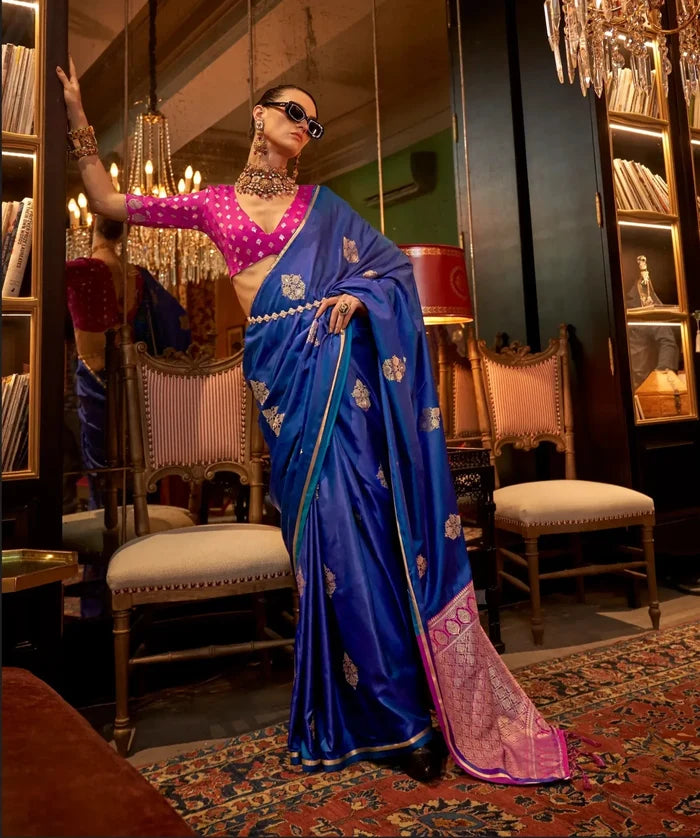 Royal Blue Two Tone Satin Handloom Weaving Silk Saree