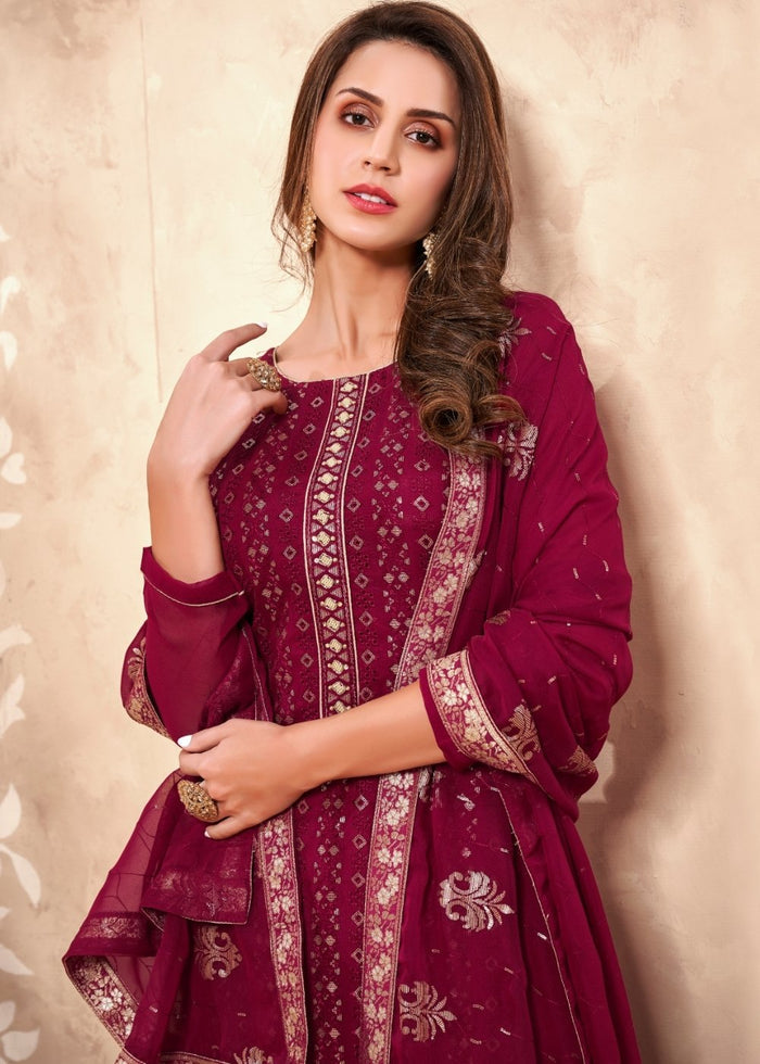 Ruby Pink Georgette Salwar Suit with Thread & Sequence Embroidery work - qivii